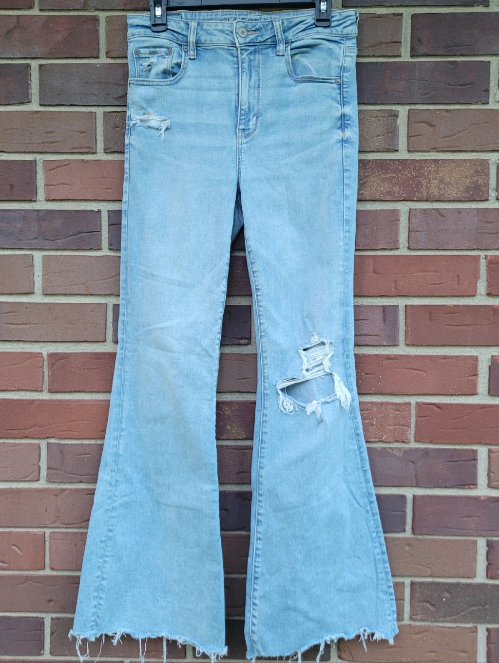 American Eagle Super High Rise Flare Size 10 Womens Measures 29 X 32 Fringe Hem